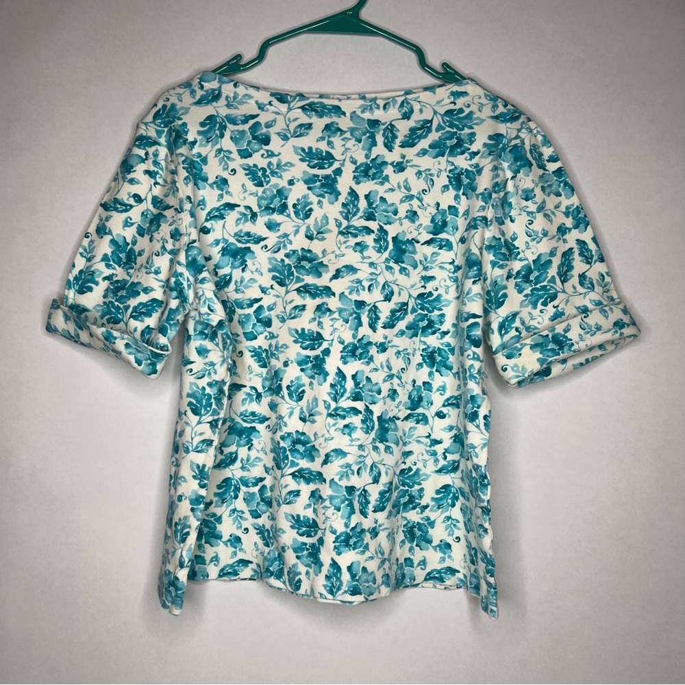 Appleseeds Womens Large Cotton Floral‎ Teal White Short Sleeve Top Blouse L Tee